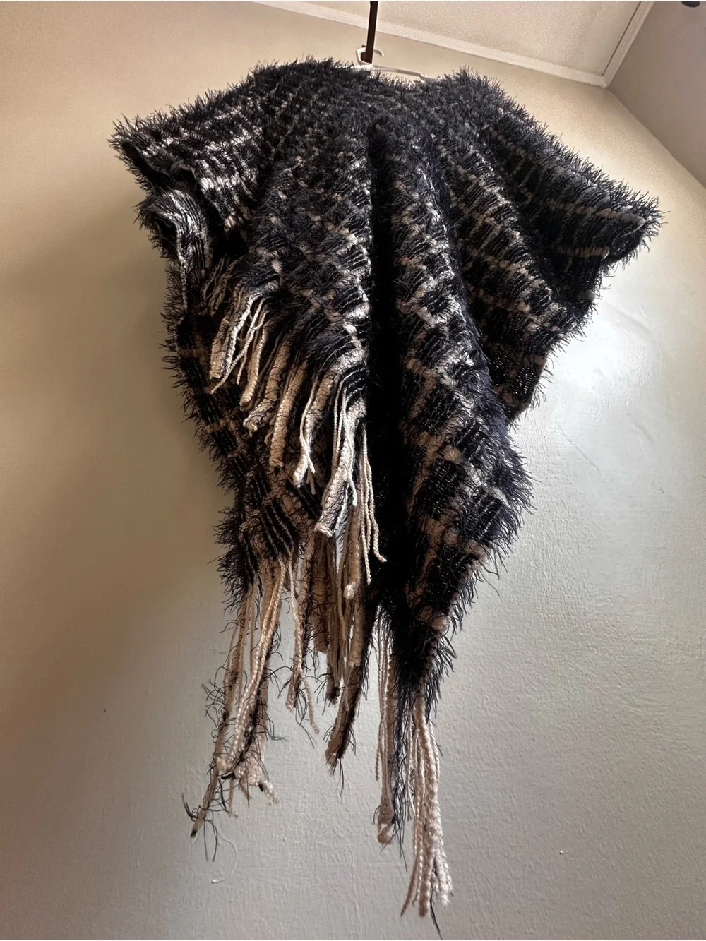 Simonetta Black and Cream Plaid Fringe Poncho